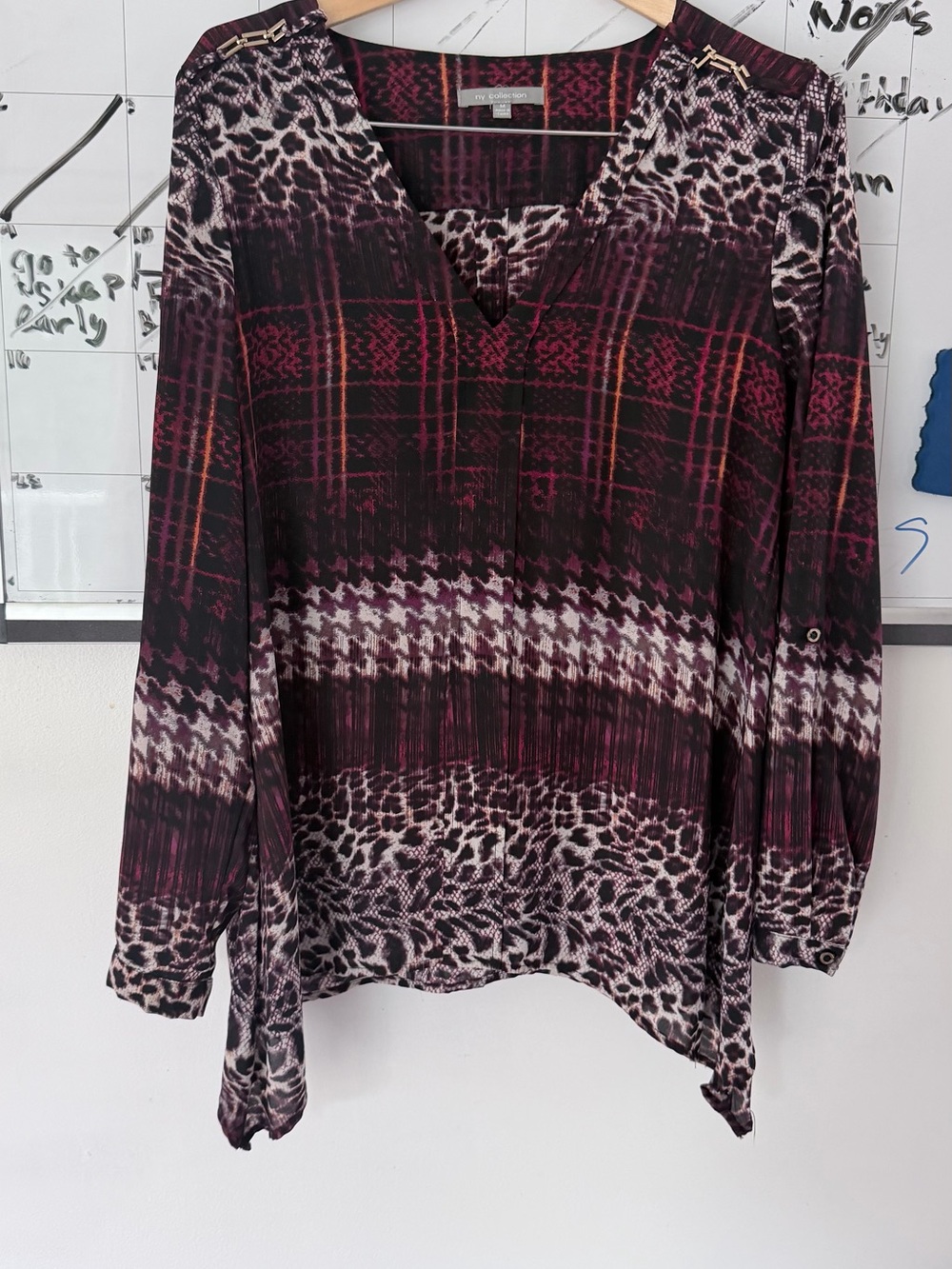 NY Collection Burgundy and Black Mixed Print V-Neck Tunic